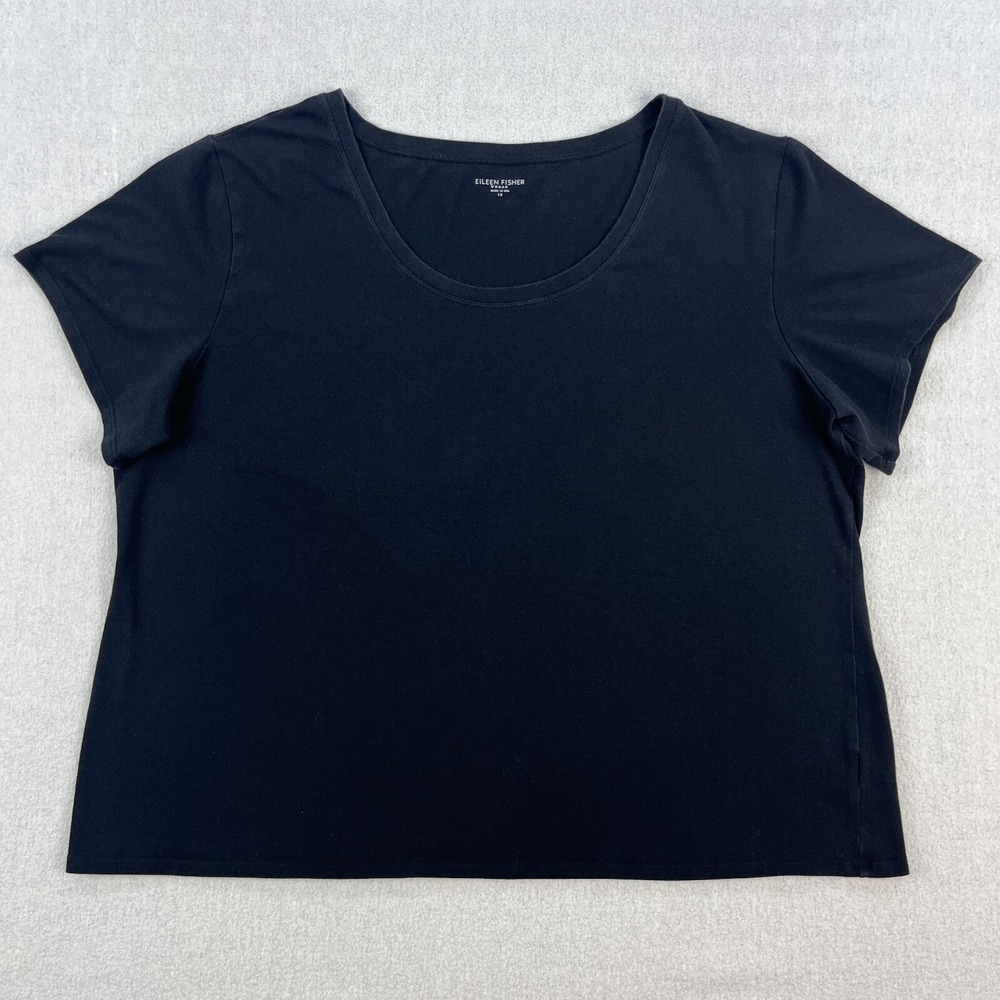 Eileen Fisher Casual Top Womens 1X Black Organic Cotton Cap Sleeve Stretch USA